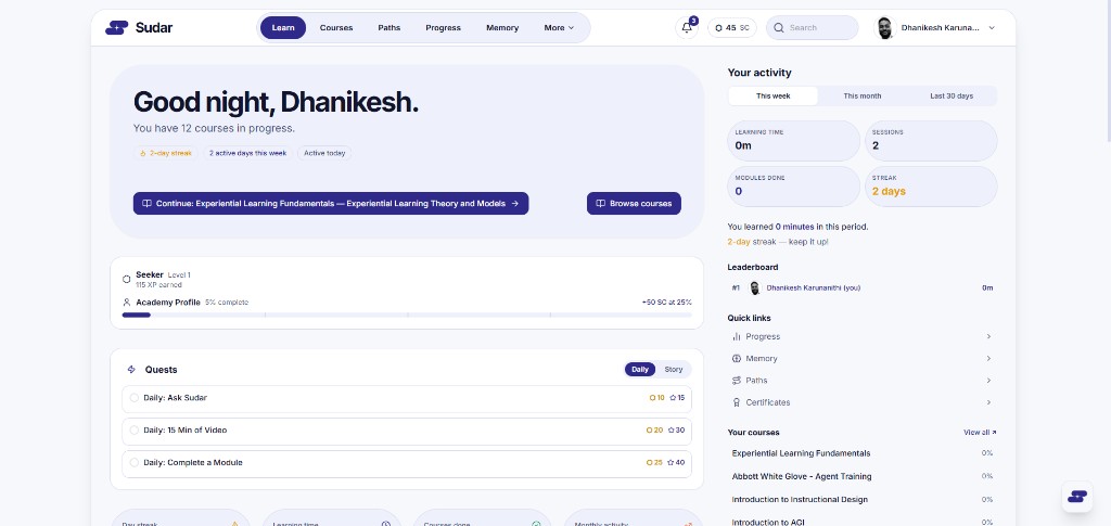 Sudar Learn dashboard
