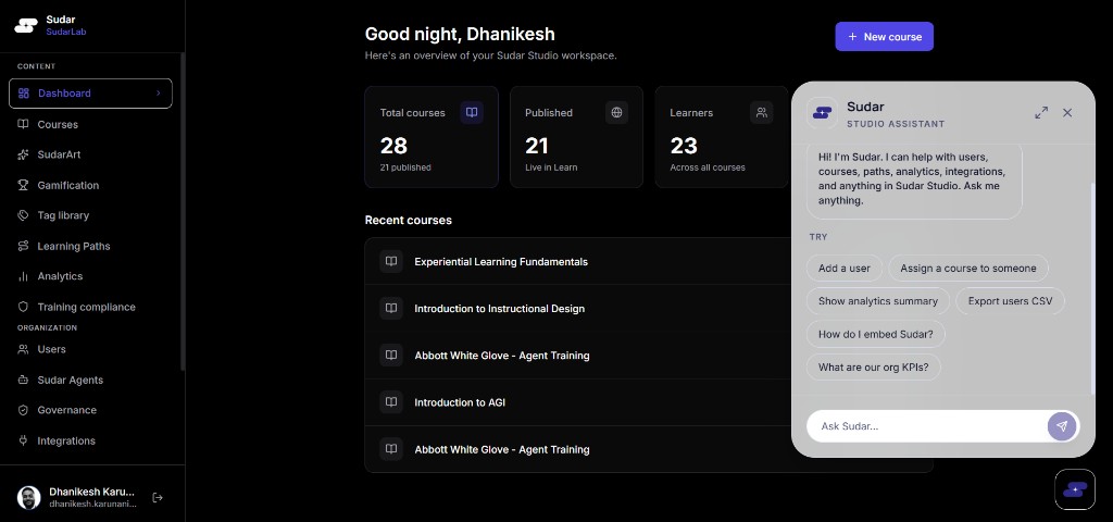 Sudar Studio dashboard